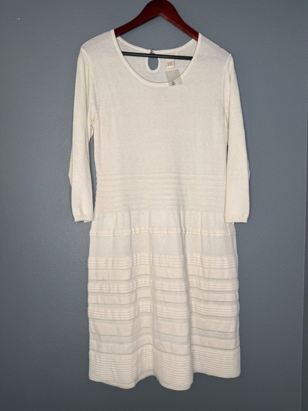 Sundance Cotton Silk Knit Sweater Dress Ivory Large 3/4 Sleeve Fit Flare